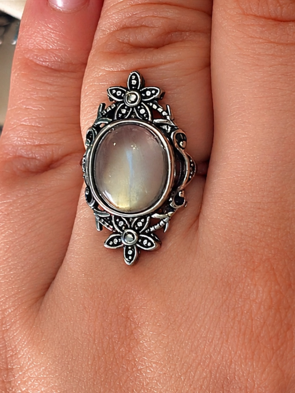 Floral Moonstone Ring with blue flash | nickel free | silver plated